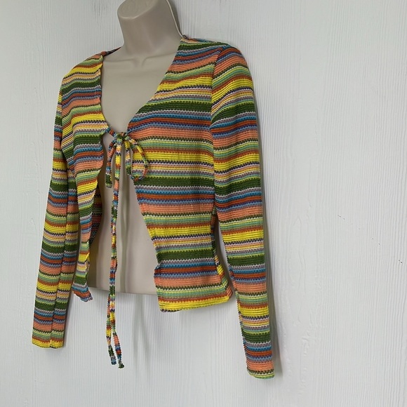Earthbound - Rainbow Stripes Tie Open Front Long Sleeve Cardigan Size Small - Picture 5 of 9